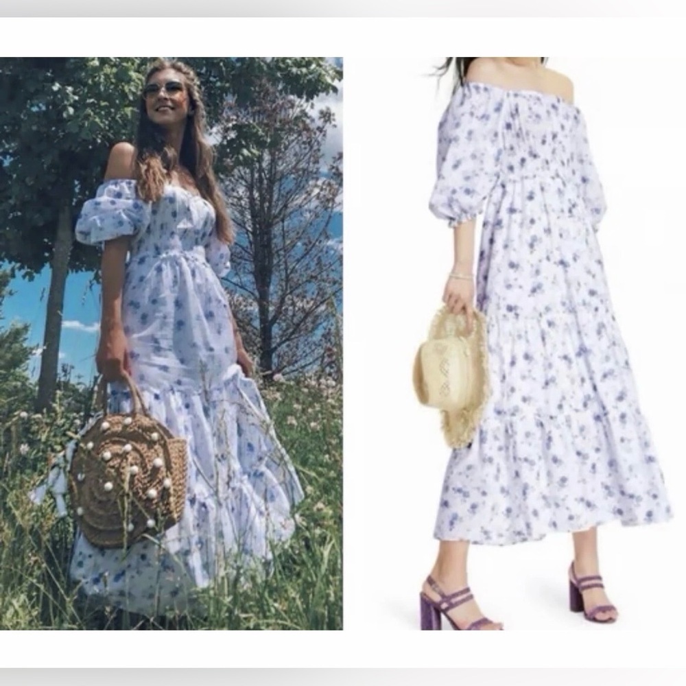 LoveShackFancy White and Blue Floral Off-Shoulder Maxi Dress